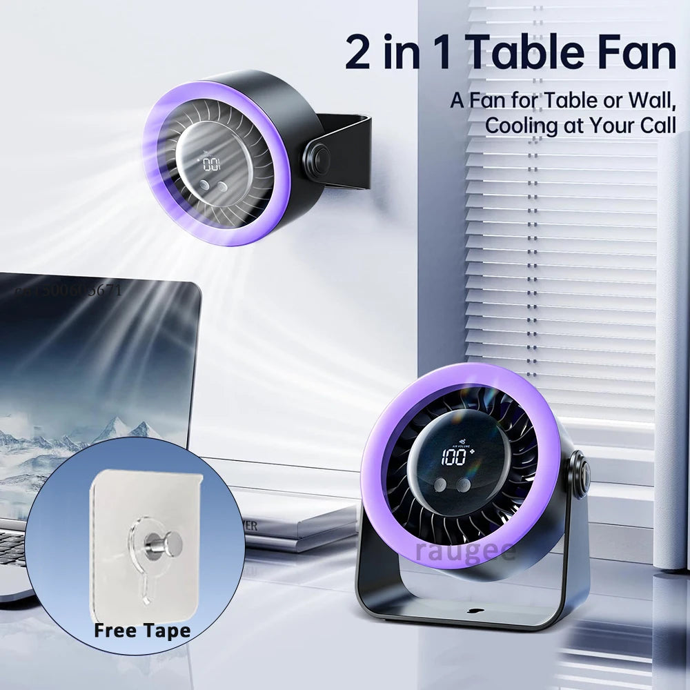 Mini Portable Desk Fan USB Table Fan Rotatable Hanging Wall Mount Fan With Digital Display Rechargeable Camping Desk Fan