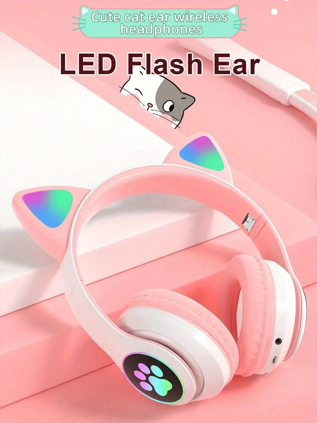 New Cute Cat Wireless Headphones RGB Cute Cat Ears Headset With Microphone Noise Cancelling Kid Stereo Music Children's Gifts