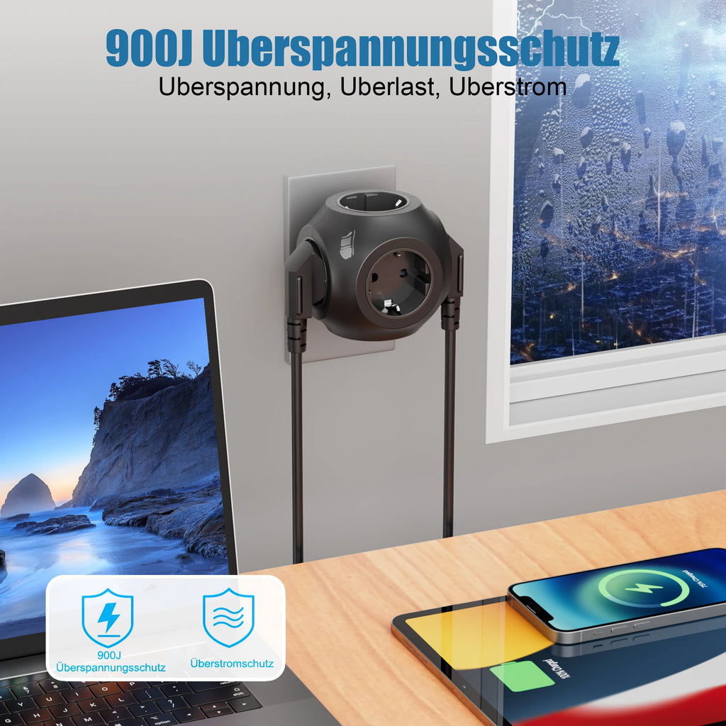 4000W EU Plug Wall Mounted Power Strip 5AC European Standard Outlet Expander Suitable For Bedroom, living room, Outdoor Etc