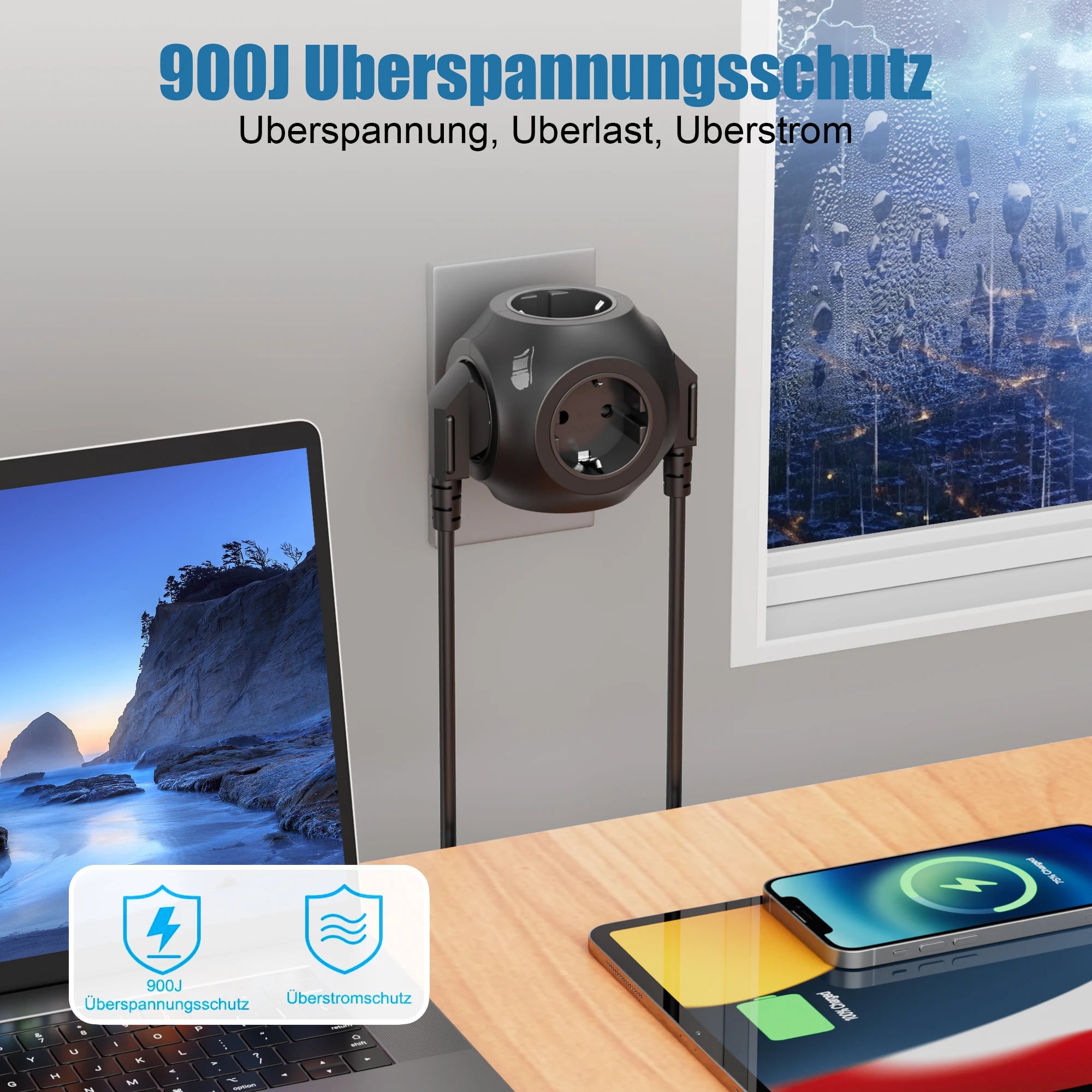 4000W EU Plug Wall Mounted Power Strip 5AC European Standard Outlet Expander Suitable For Bedroom, living room, Outdoor Etc