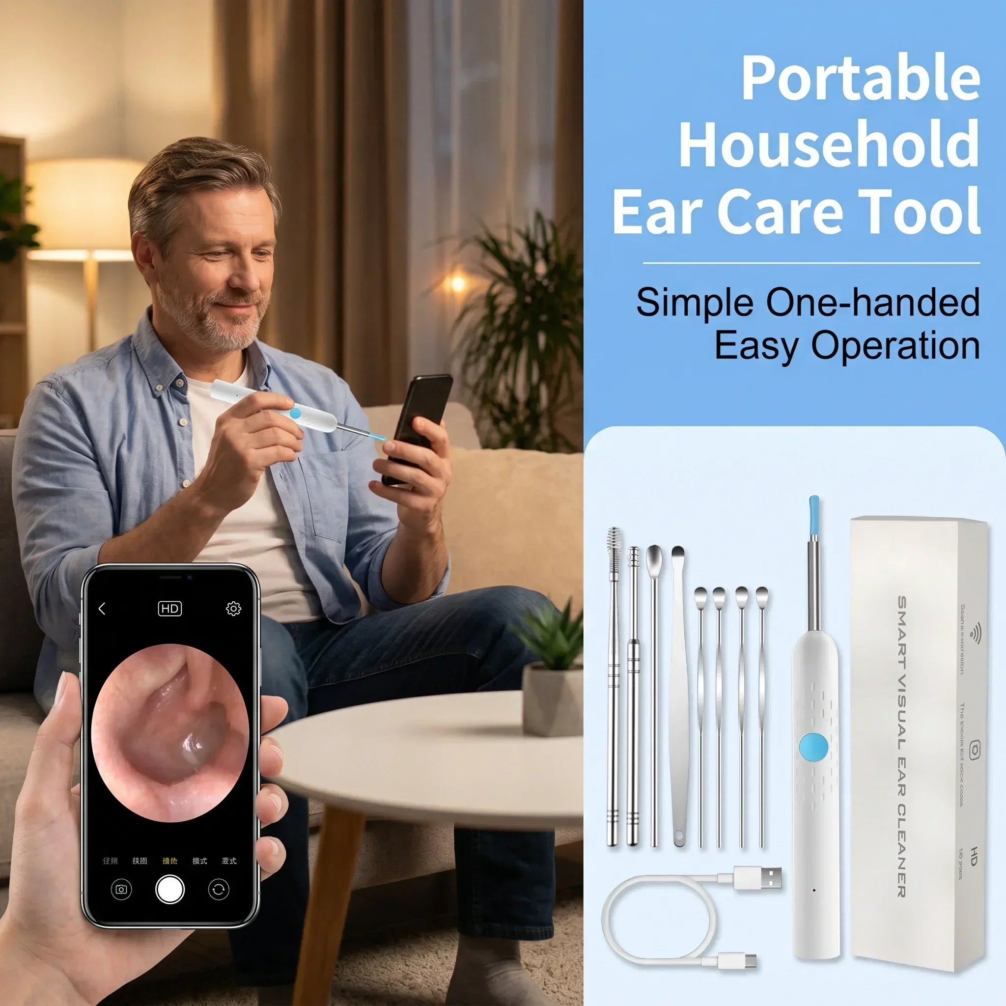 Wireless Visual Ear Cleaner with Camera Safe Ear Wax Removal Otoscope Kit with LED Light Silicone Tip Ear Cleaning Tool for Ho