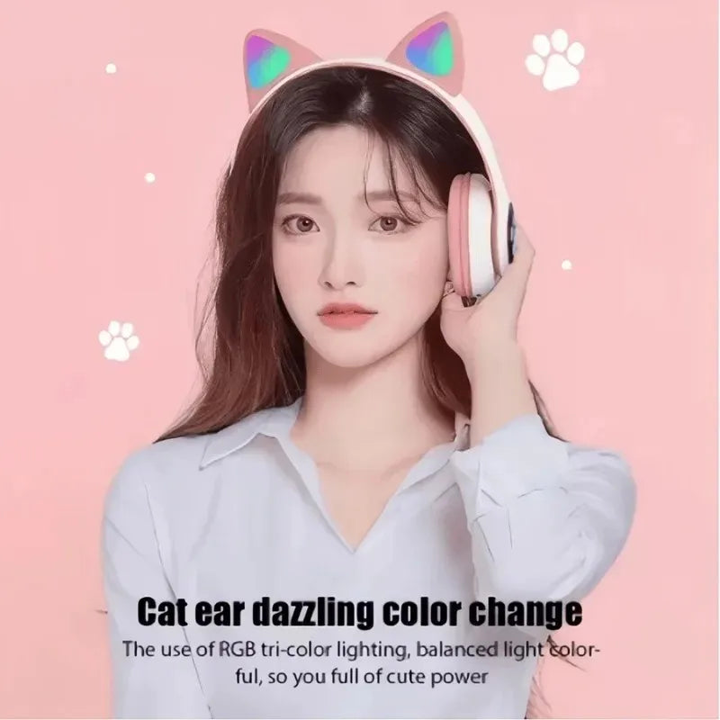 New Cute Cat Wireless Headphones RGB Cute Cat Ears Headset With Microphone Noise Cancelling Kid Stereo Music Children's Gifts