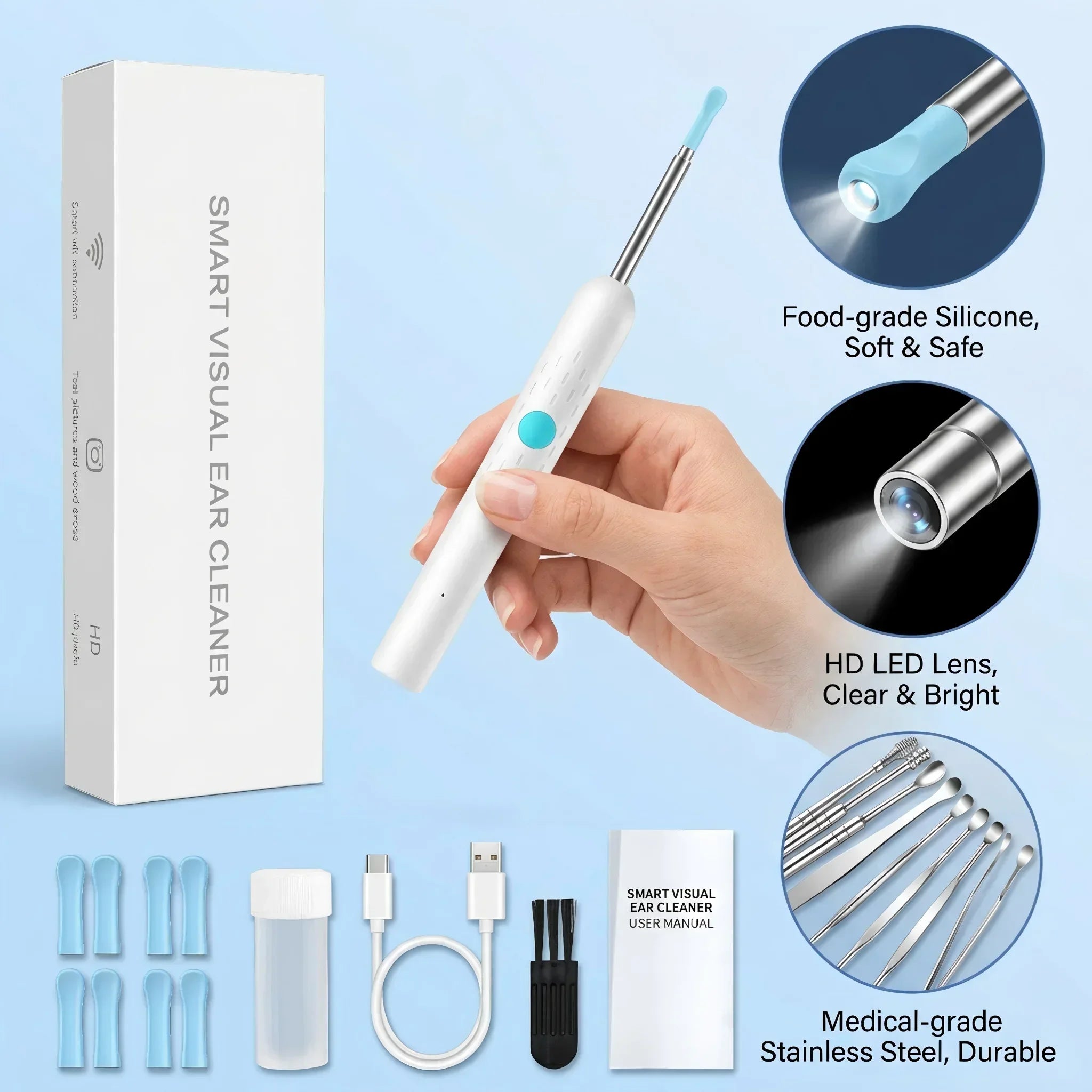 Wireless Visual Ear Cleaner with Camera Safe Ear Wax Removal Otoscope Kit with LED Light Silicone Tip Ear Cleaning Tool for Ho