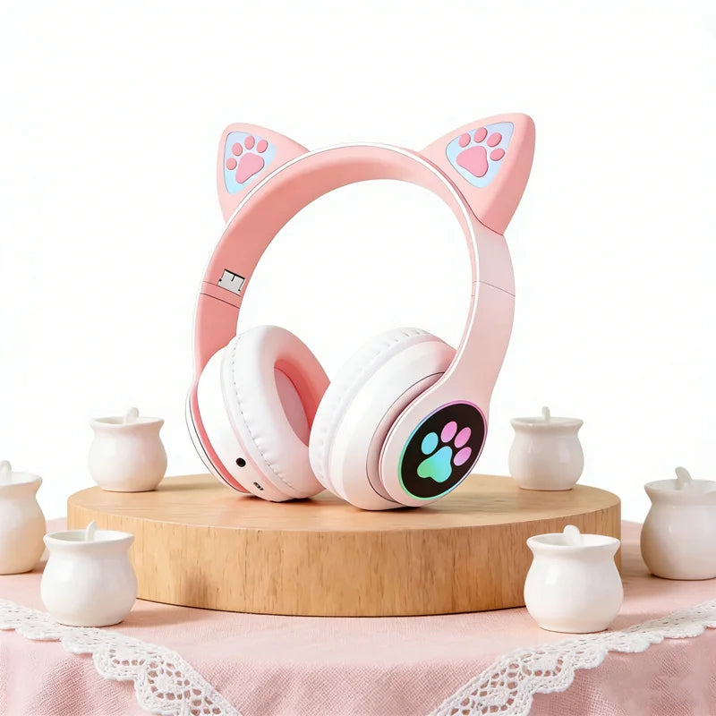 New Cute Cat Wireless Headphones RGB Cute Cat Ears Headset With Microphone Noise Cancelling Kid Stereo Music Children's Gifts