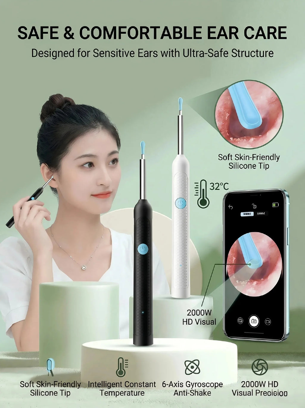 Wireless Visual Ear Cleaner with Camera Safe Ear Wax Removal Otoscope Kit with LED Light Silicone Tip Ear Cleaning Tool for Ho