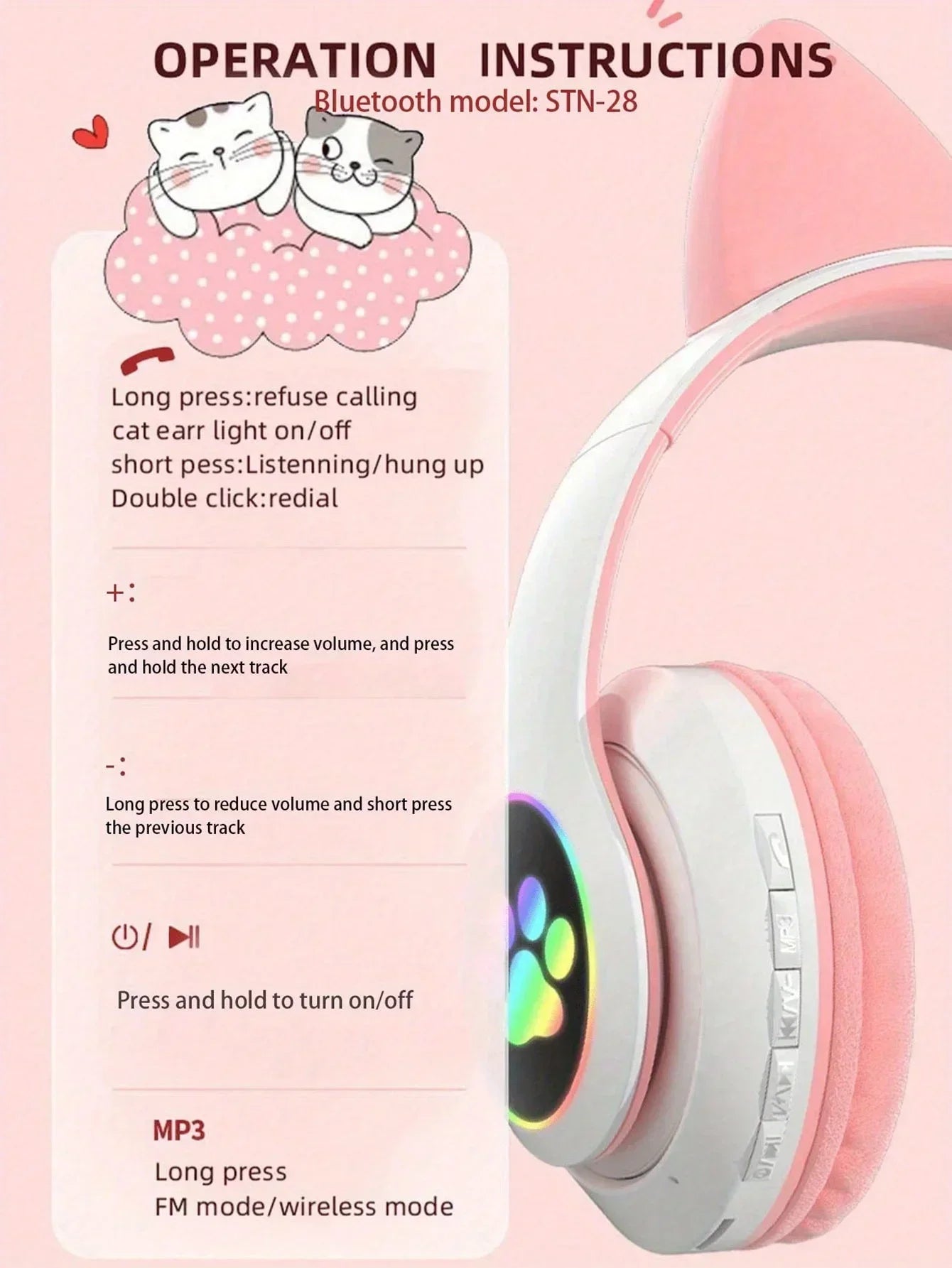 New Cute Cat Wireless Headphones RGB Cute Cat Ears Headset With Microphone Noise Cancelling Kid Stereo Music Children's Gifts